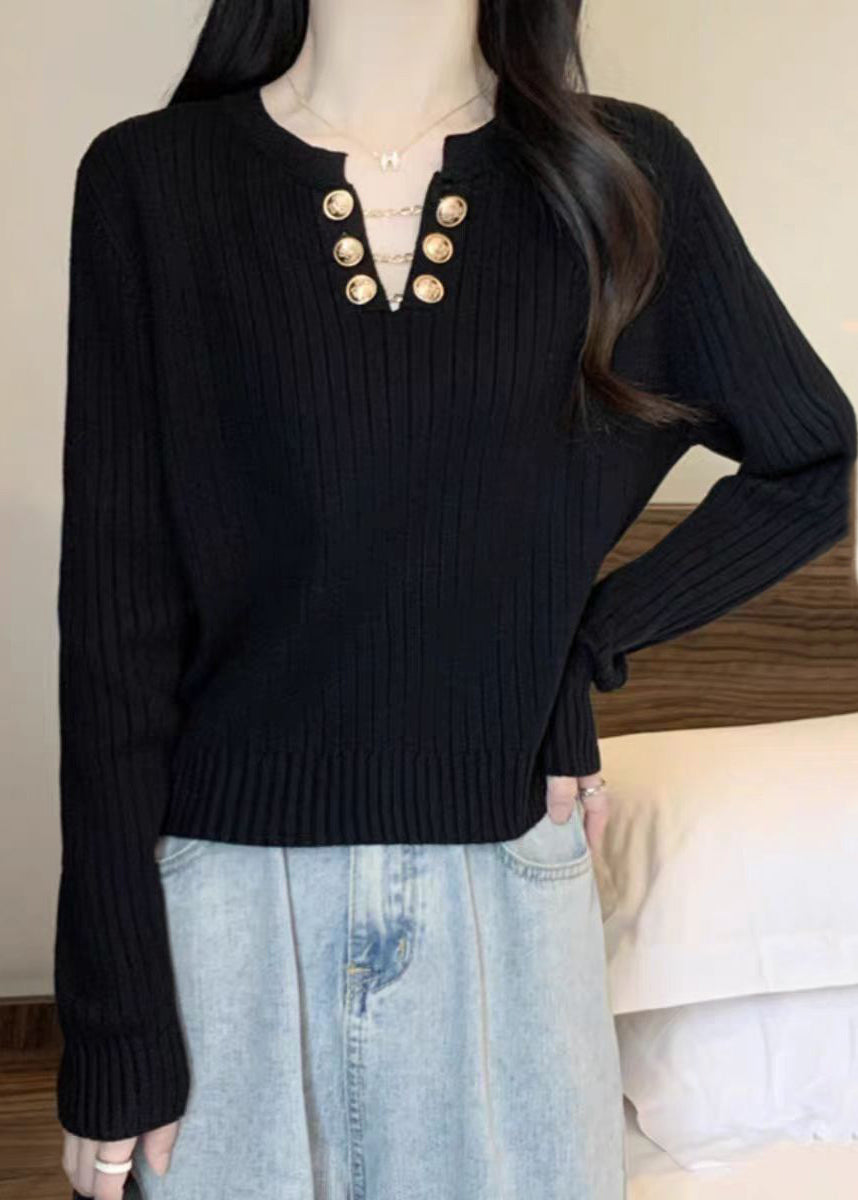 Black Chain Patchwork Cotton Knit Sweater Long Sleeve