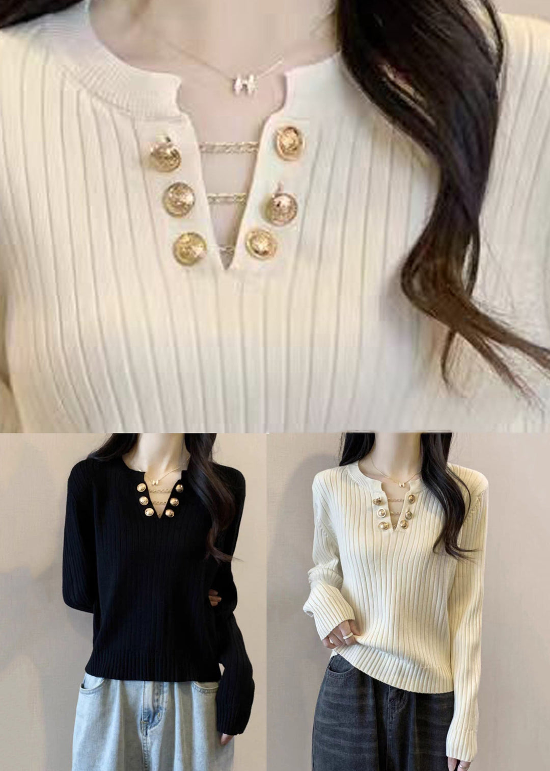 Black Chain Patchwork Cotton Knit Sweater Long Sleeve