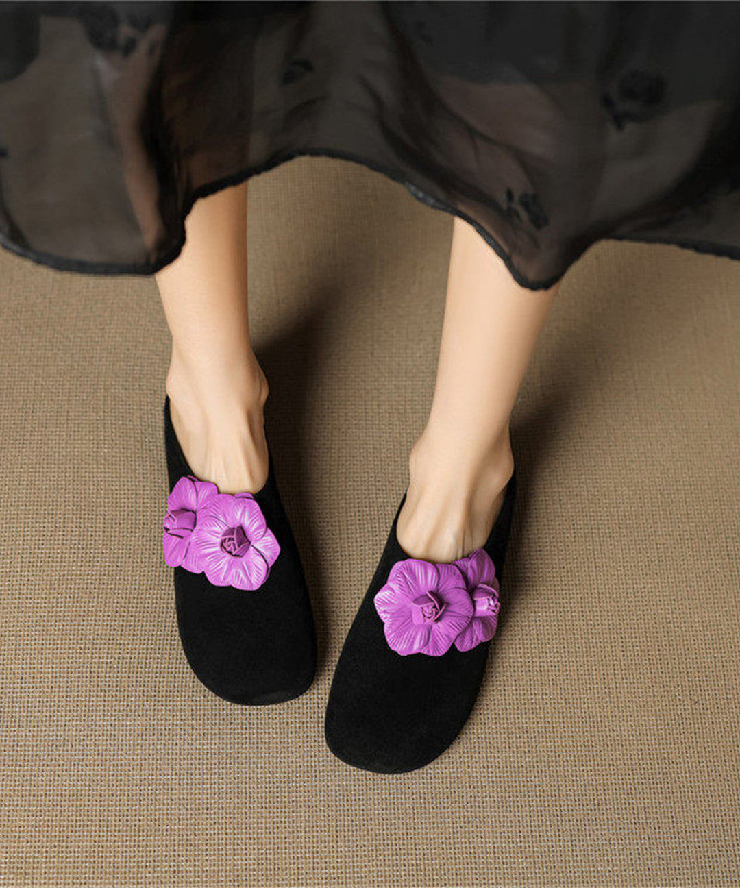 Black Chic Suede Splicing Slide Sandals Floral