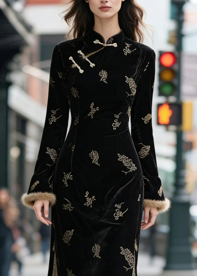 Black Chinese Button Side Open Patchwork Silk Velvet Long Dresses Stand Collar - Omychic