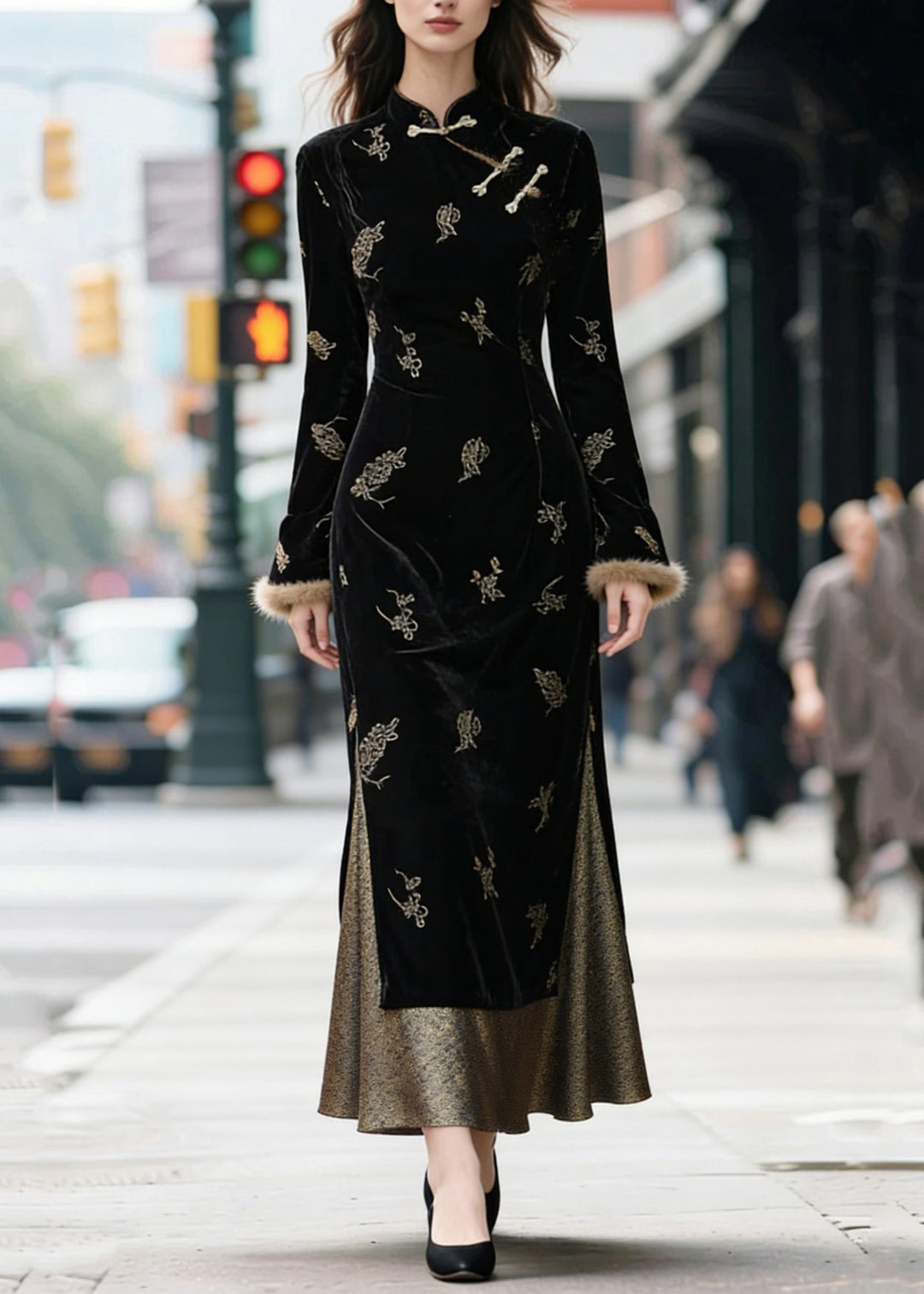 Black Chinese Button Side Open Patchwork Silk Velvet Long Dresses Stand Collar - Omychic