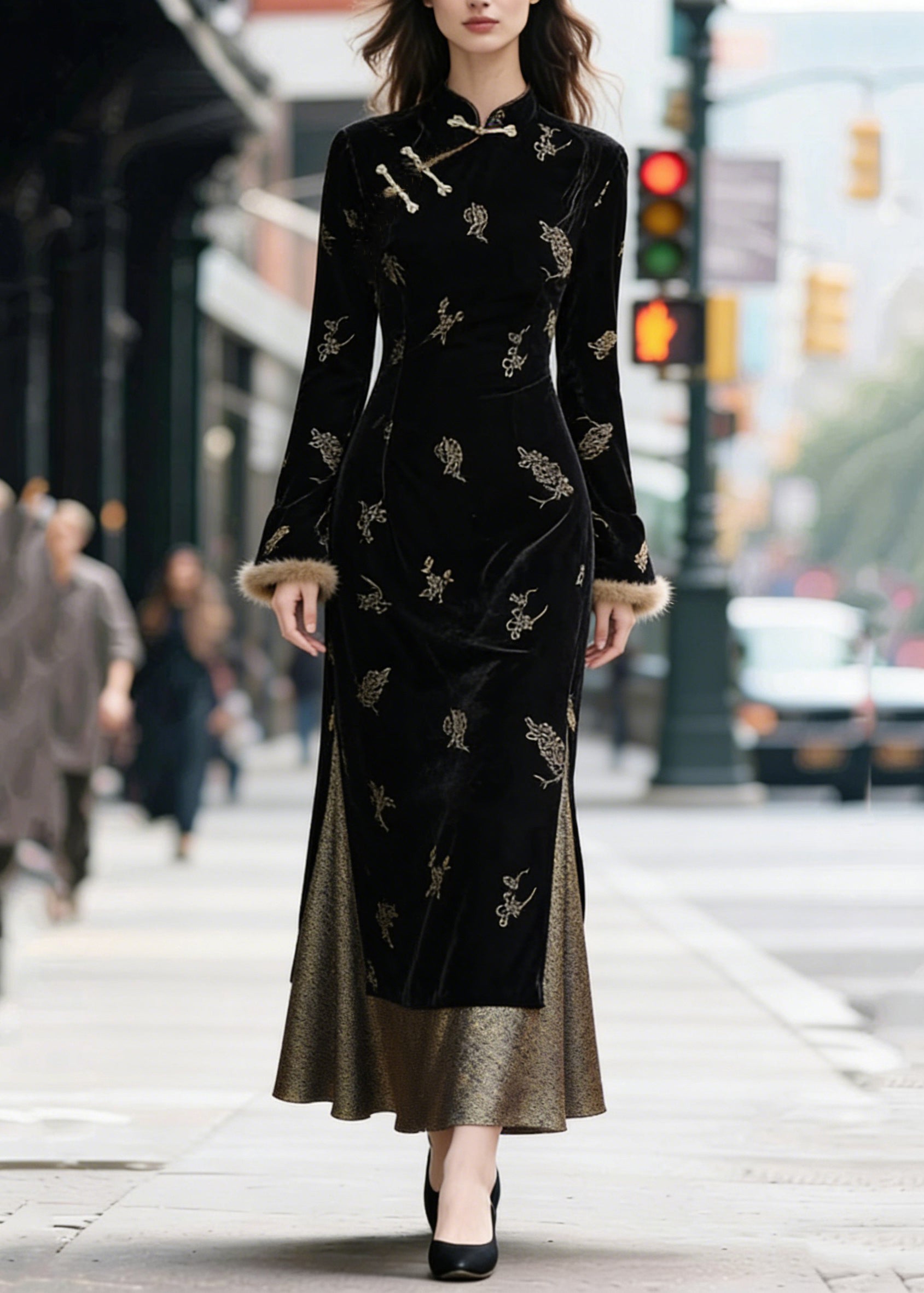 Black Chinese Button Side Open Patchwork Silk Velvet Long Dresses Stand Collar - Omychic