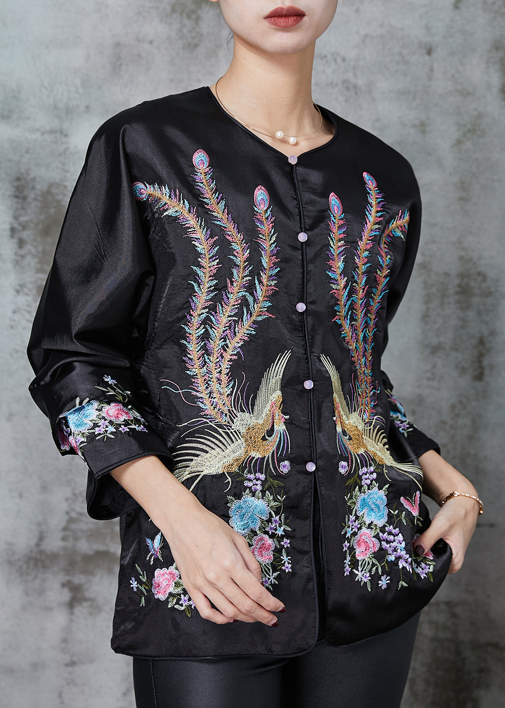 Black Chinese Style Silk Coat Embroidered Spring