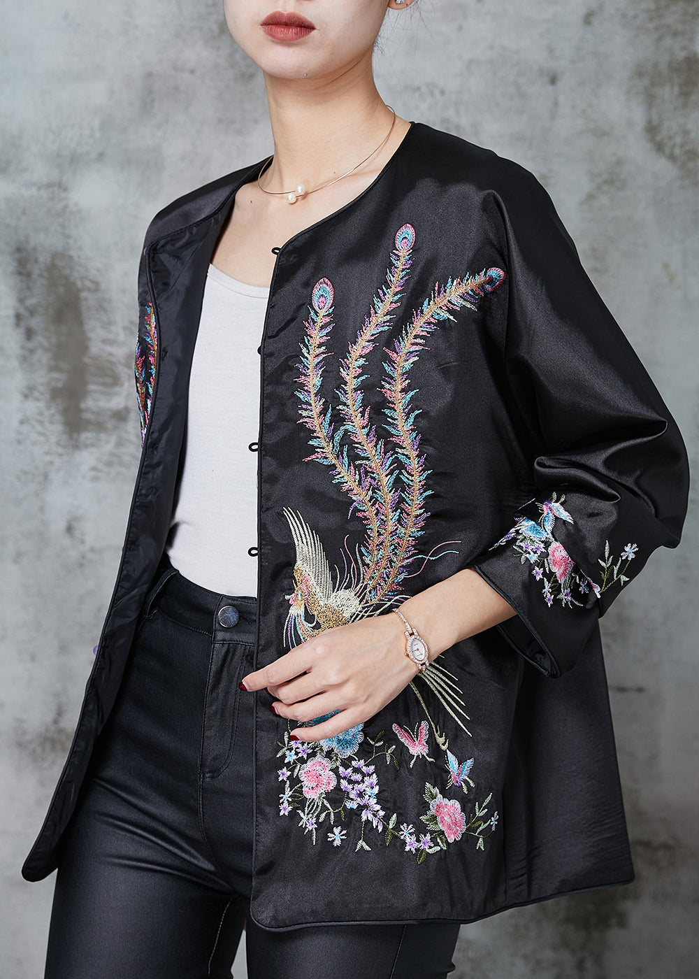 Black Chinese Style Silk Coat Embroidered Spring