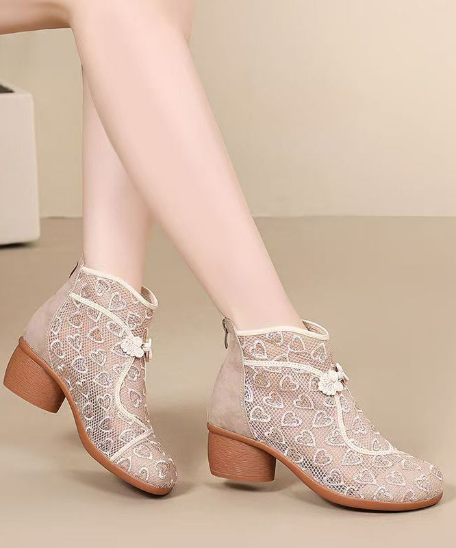 Black Chunky Breathable Mesh Embroidered Retro Splicing Boots