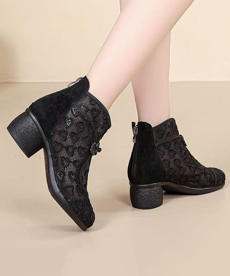 Black Chunky Breathable Mesh Embroidered Retro Splicing Boots