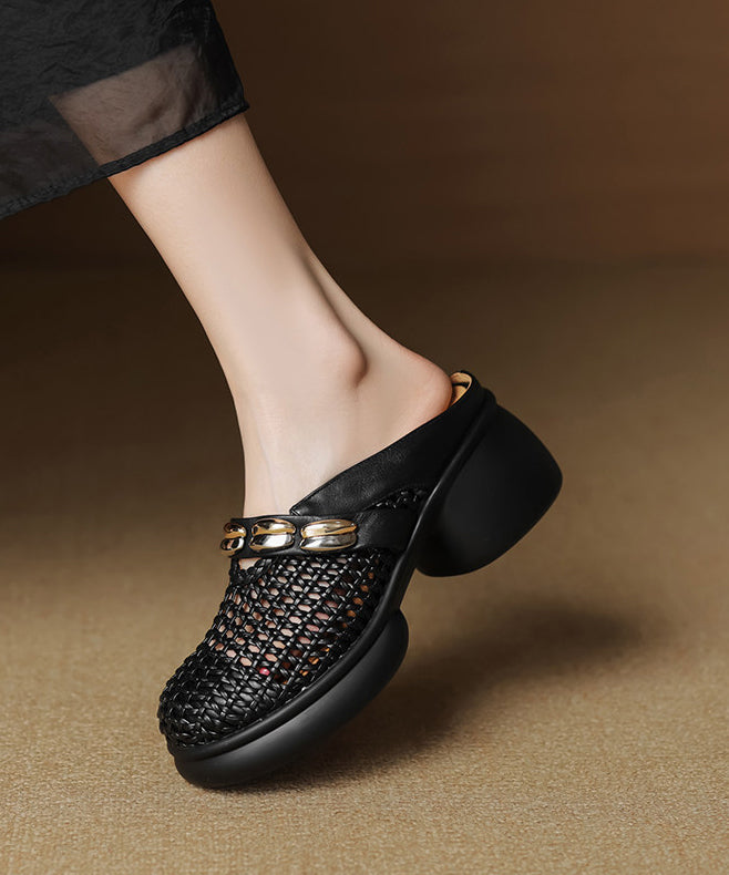Black Chunky Cowhide Leather Chic Slide Sandals Hollow Out