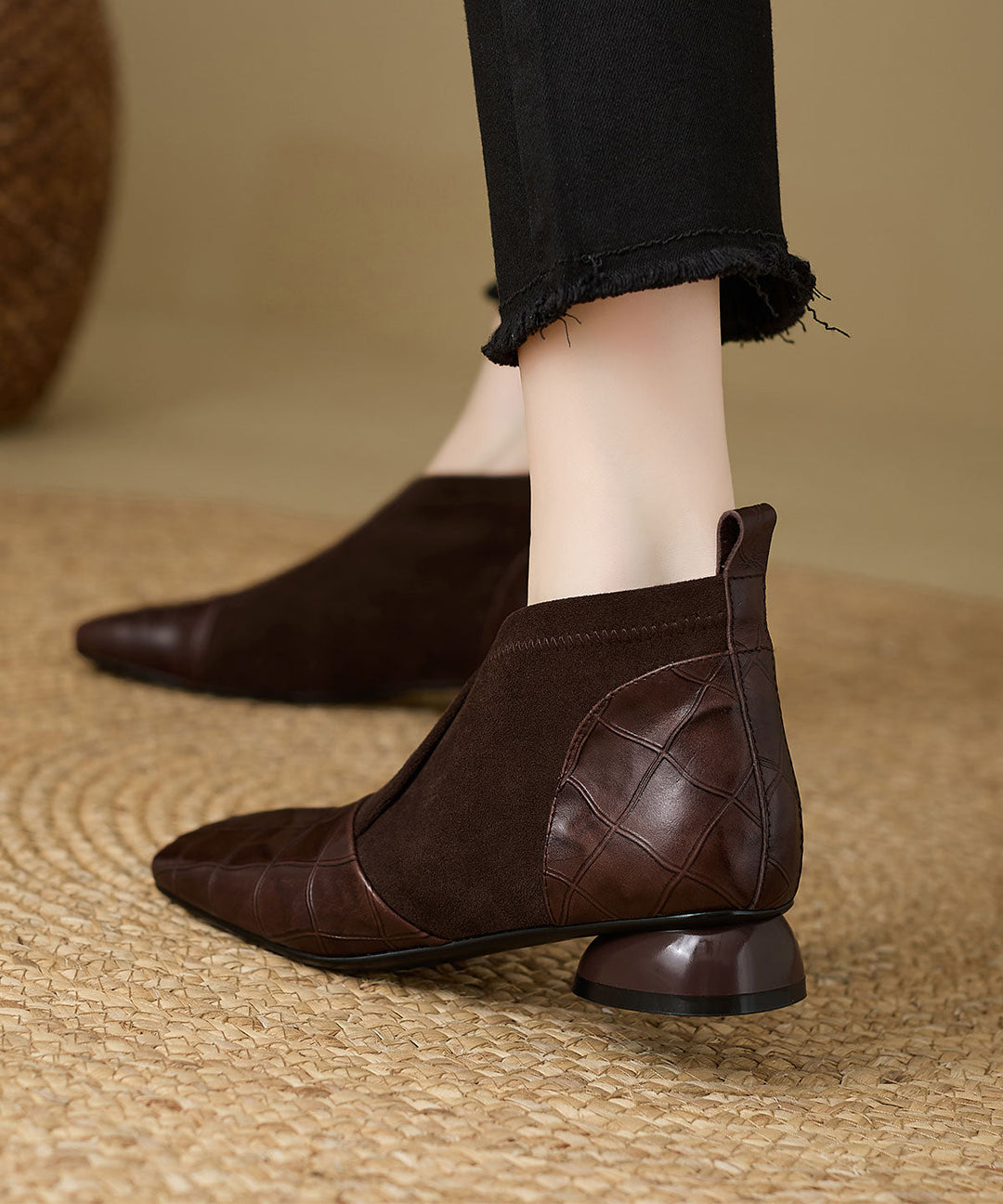 Black Chunky Cowhide Leather Classy Splicing Boots