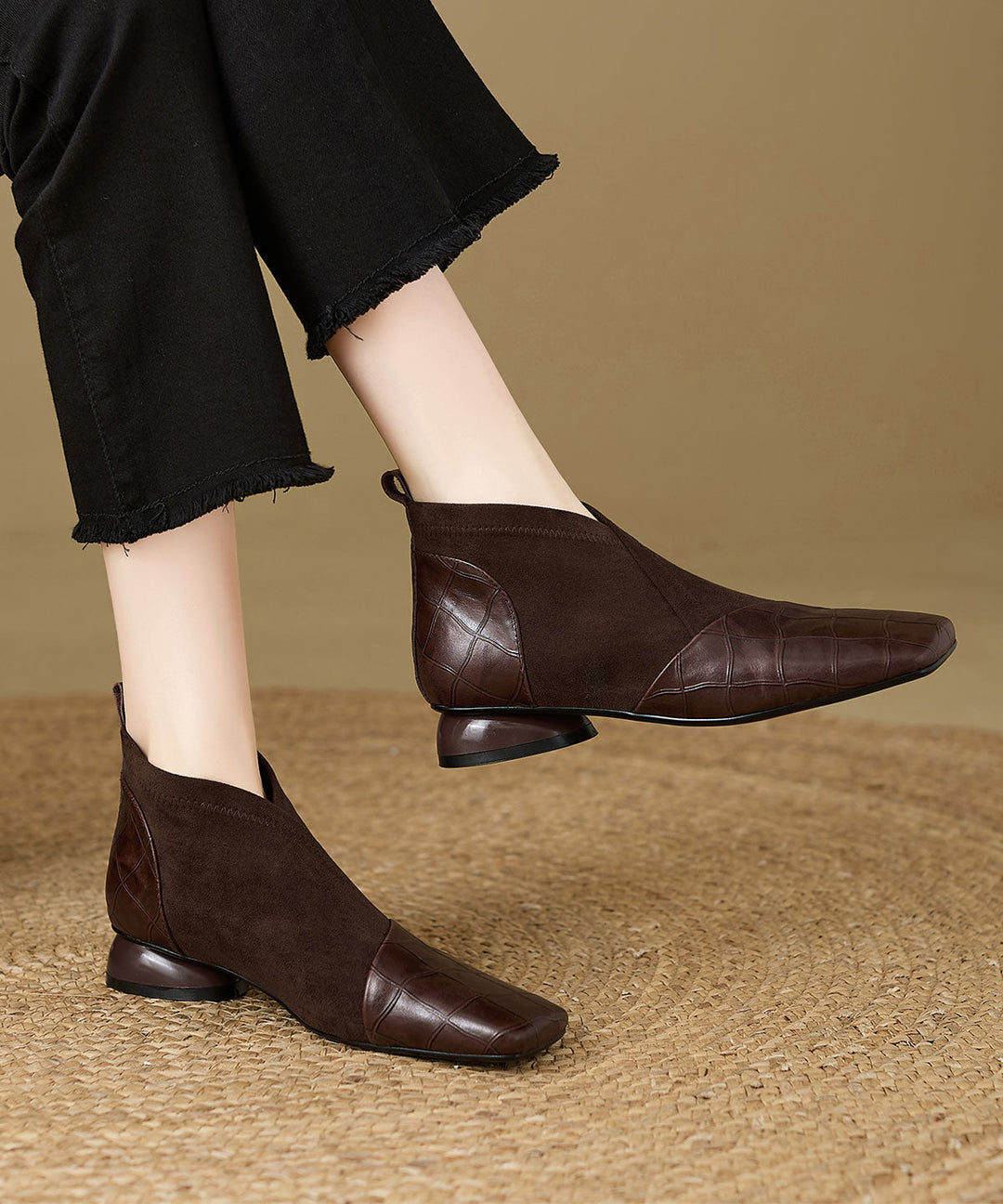 Black Chunky Cowhide Leather Classy Splicing Boots