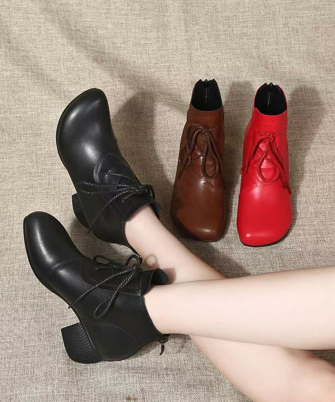 Black Chunky Cowhide Leather Comfy Splicing Boots Lace Up