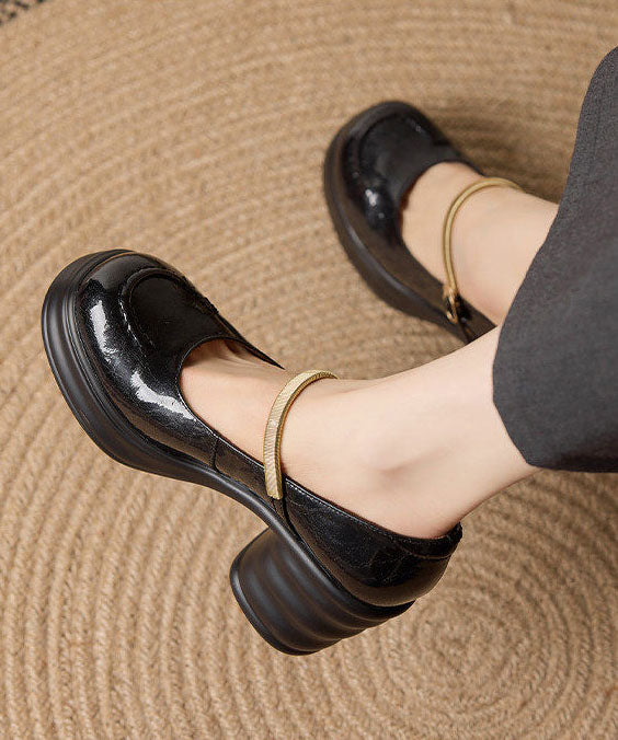 Black Chunky Heel Cowhide Leather Beautiful Splicing Buckle Strap