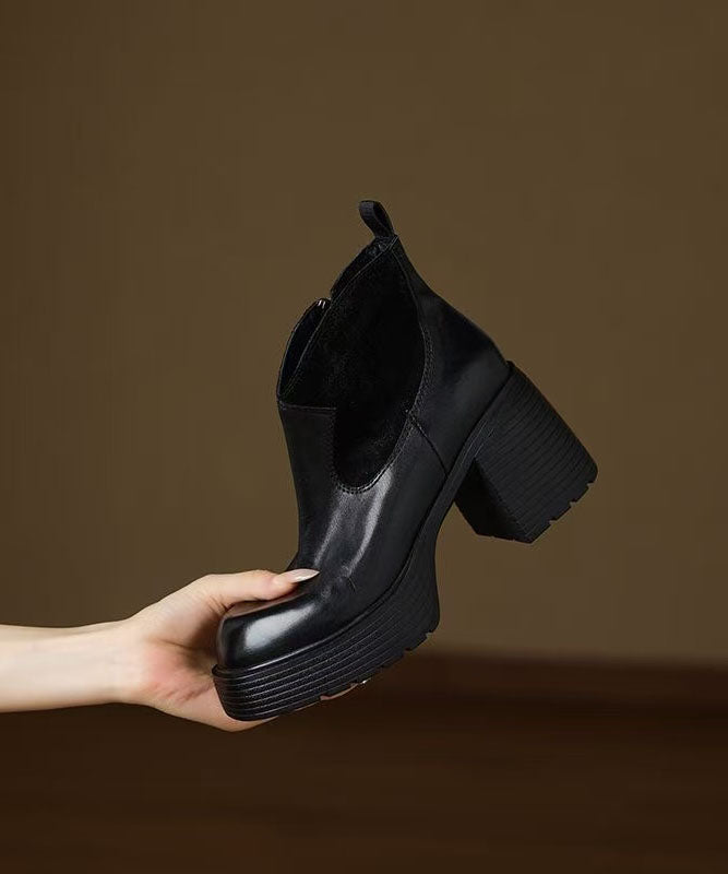 Black Chunky Heel Cowhide Leather Chic Splicing Boots