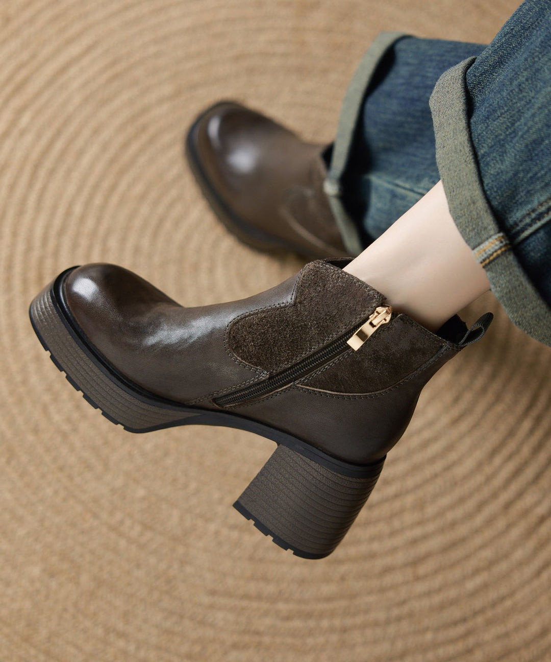 Black Chunky Heel Cowhide Leather Chic Splicing Boots