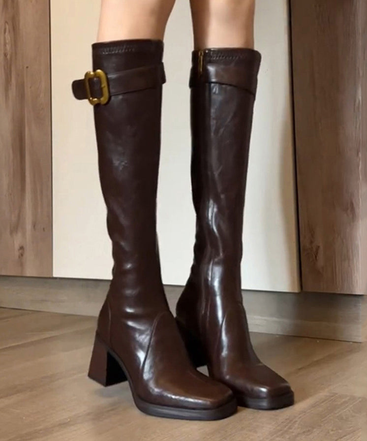 Black Chunky Heel Cowhide Leather Classy Splicing Boots