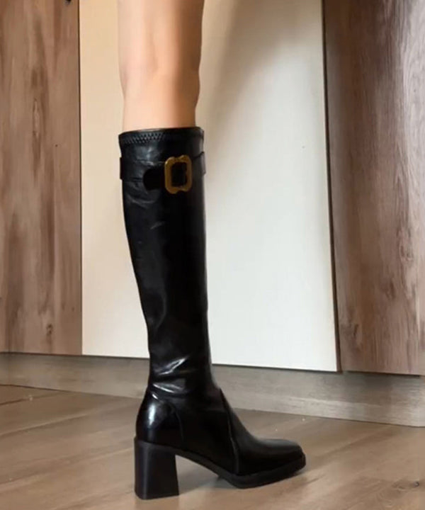 Black Chunky Heel Cowhide Leather Classy Splicing Boots