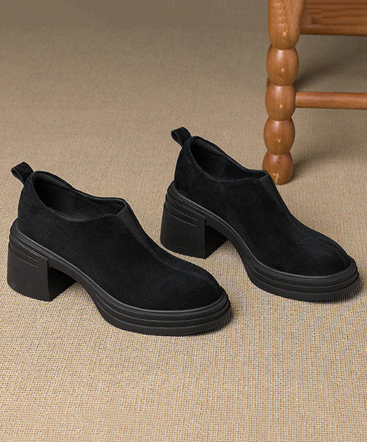 Black Chunky Heel Suede Fashion Splicing Loafer Shoes
