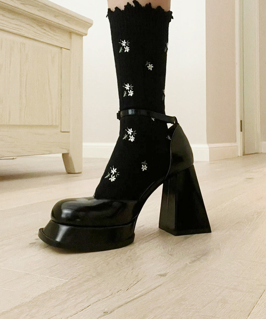 Black Chunky High Heels Faux Leather Stylish Splicing Buckle Strap
