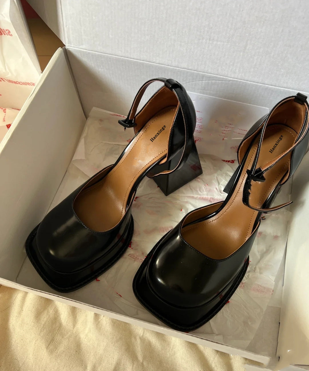 Black Chunky High Heels Faux Leather Stylish Splicing Buckle Strap