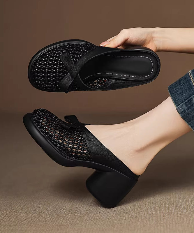 Black Chunky Sheepskin Chic Splicing Bow Slide Sandals Hollow Out