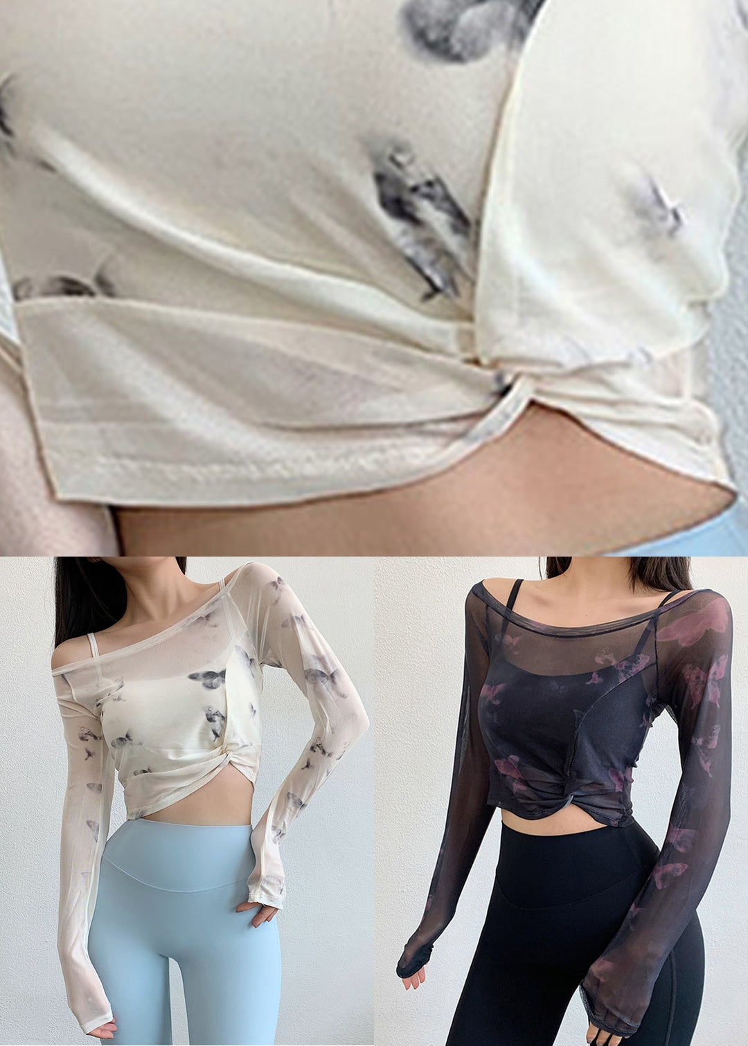 Black Cold Shoulder Fake Two Pieces Yoga Tops