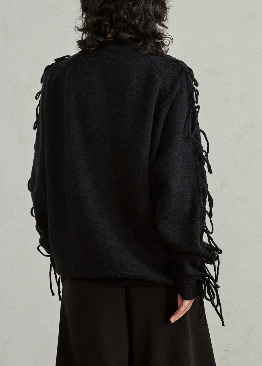 Black Cotton Knit Sweater Patchwork Tassel Fall