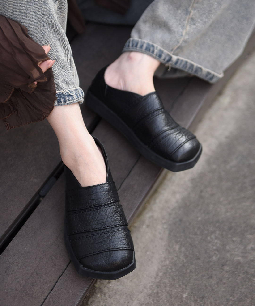 Black Cowhide Leather Casual Splicing Loafers For Women