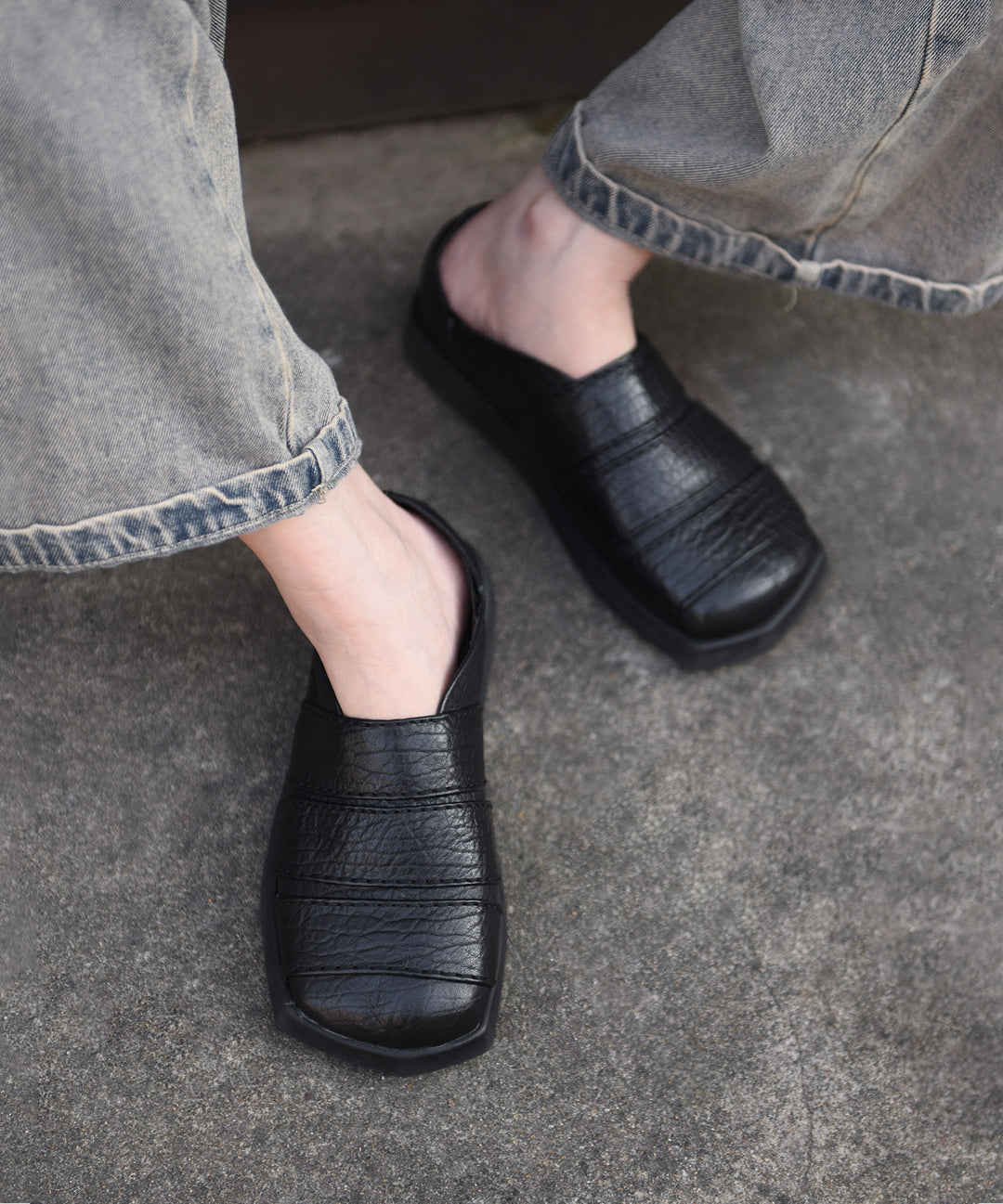 Black Cowhide Leather Casual Splicing Loafers For Women