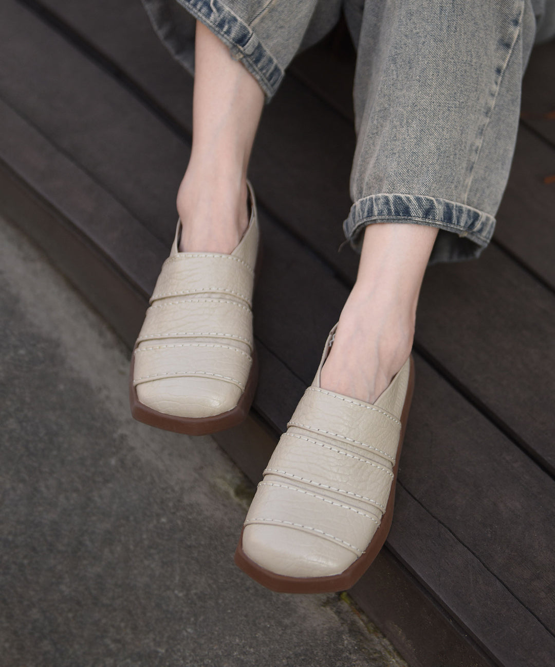 Black Cowhide Leather Casual Splicing Loafers For Women