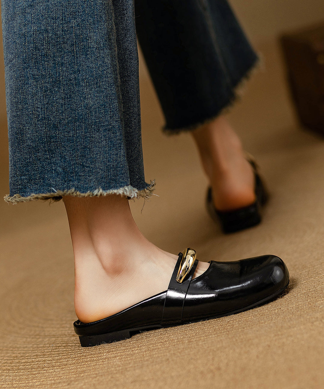 Black Cowhide Leather Chic Splicing Sequined Slide Sandals