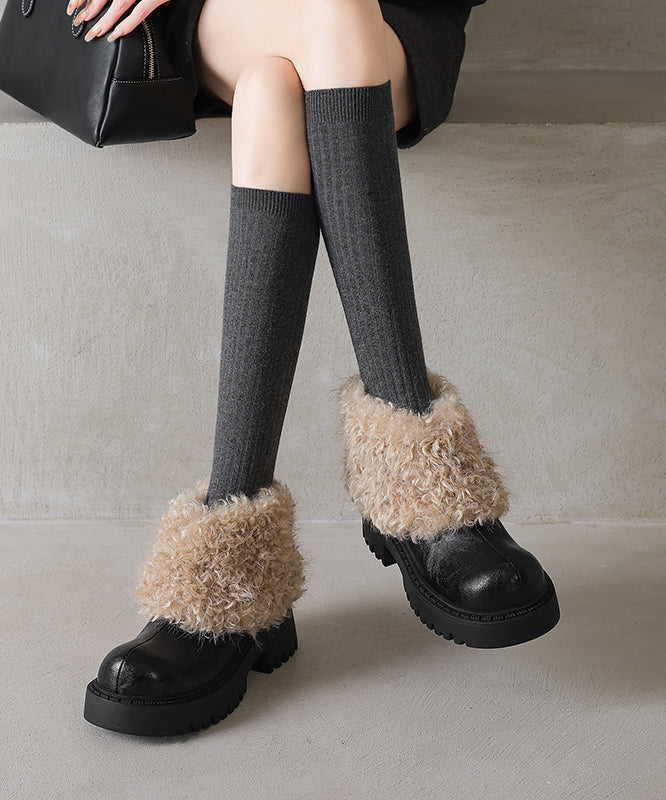 Black Cowhide Leather Chunky Boots Splicing Fuzzy Wool Lined