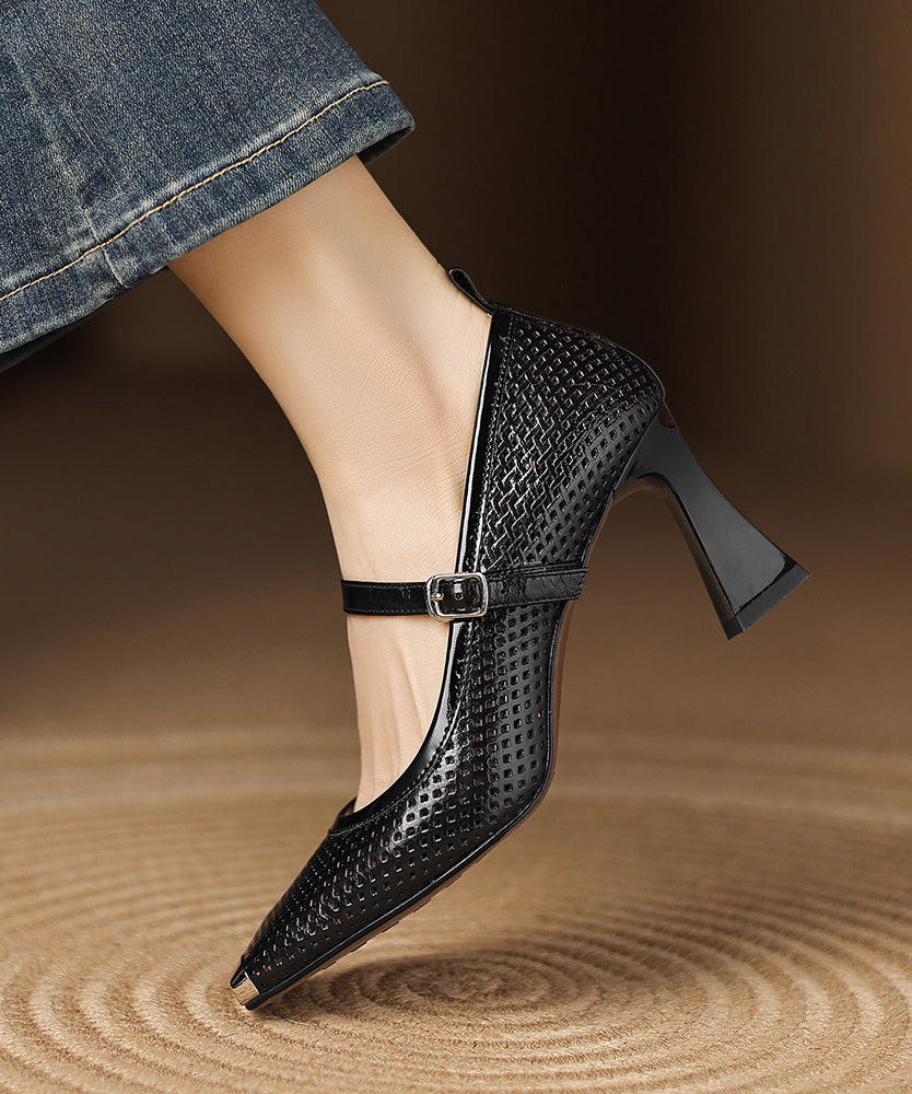 Black Cowhide Leather Elegant Splicing Chunky High Heels