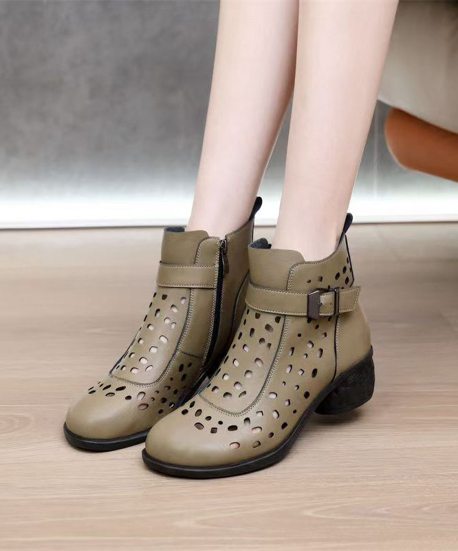 Black Cowhide Leather Hollow Out Splicing Chunky Boots