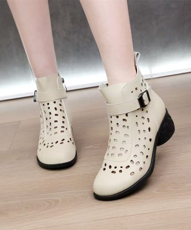 Black Cowhide Leather Hollow Out Splicing Chunky Boots