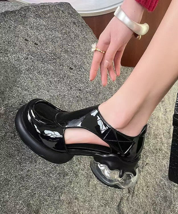 Black Cowhide Leather Platform Loafers Chic Splicing Hollow Out
