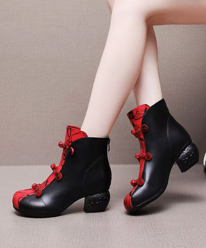 Black Cowhide Leather Splicing Boots Fuzzy Wool Lined