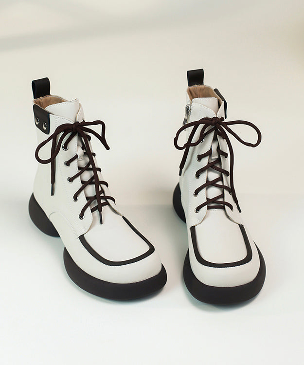 Black Cowhide Leather Splicing Boutique Lace Up Boots