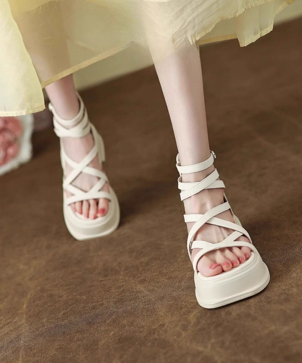 Black Cowhide Leather Splicing Platform Lace Up Sandals Peep Toe