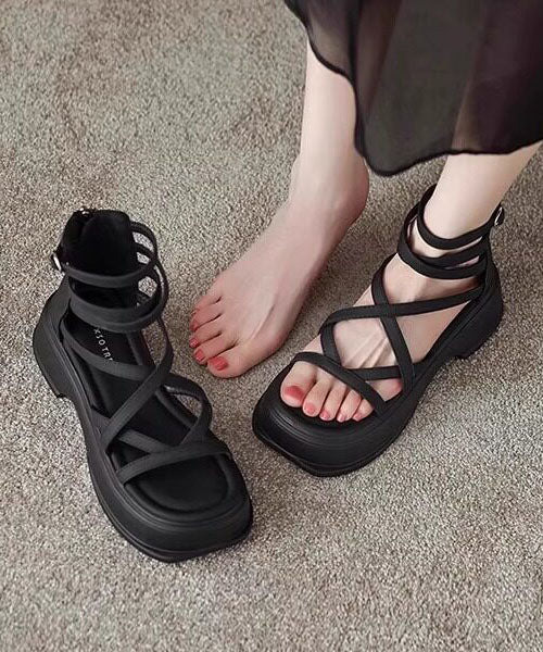 Black Cowhide Leather Splicing Platform Lace Up Sandals Peep Toe