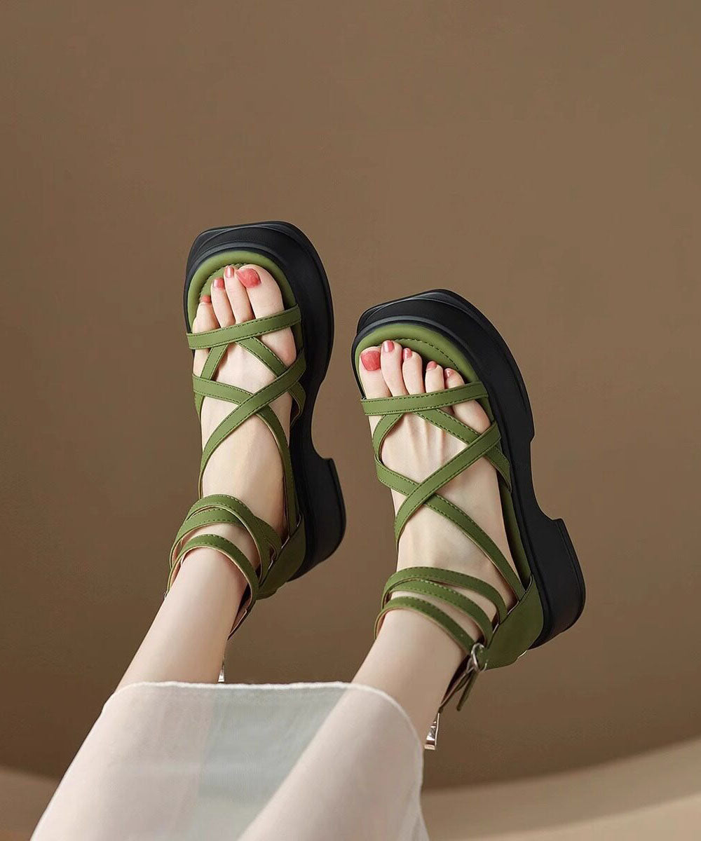 Black Cowhide Leather Splicing Platform Lace Up Sandals Peep Toe