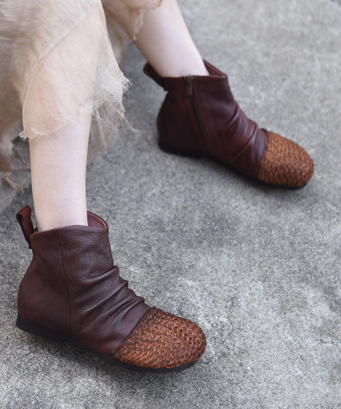 Black Cowhide Leather Vintage Zippered Splicing Boots