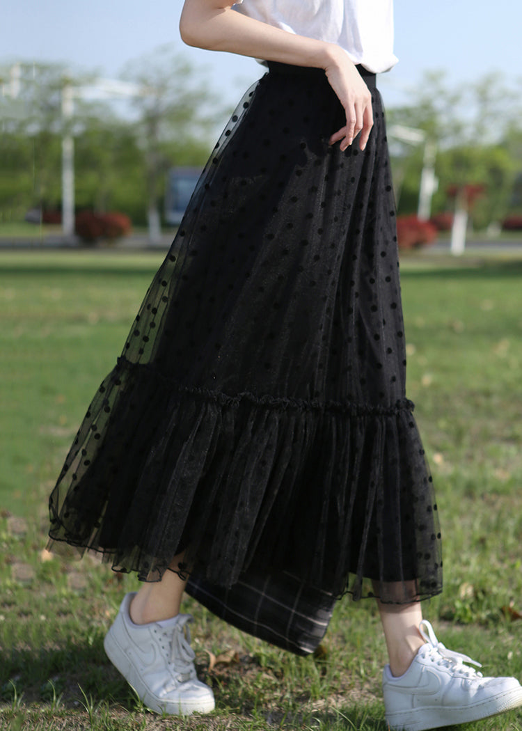 Black Dot Ruffled Tulle Skirt Elastic Waist Summer