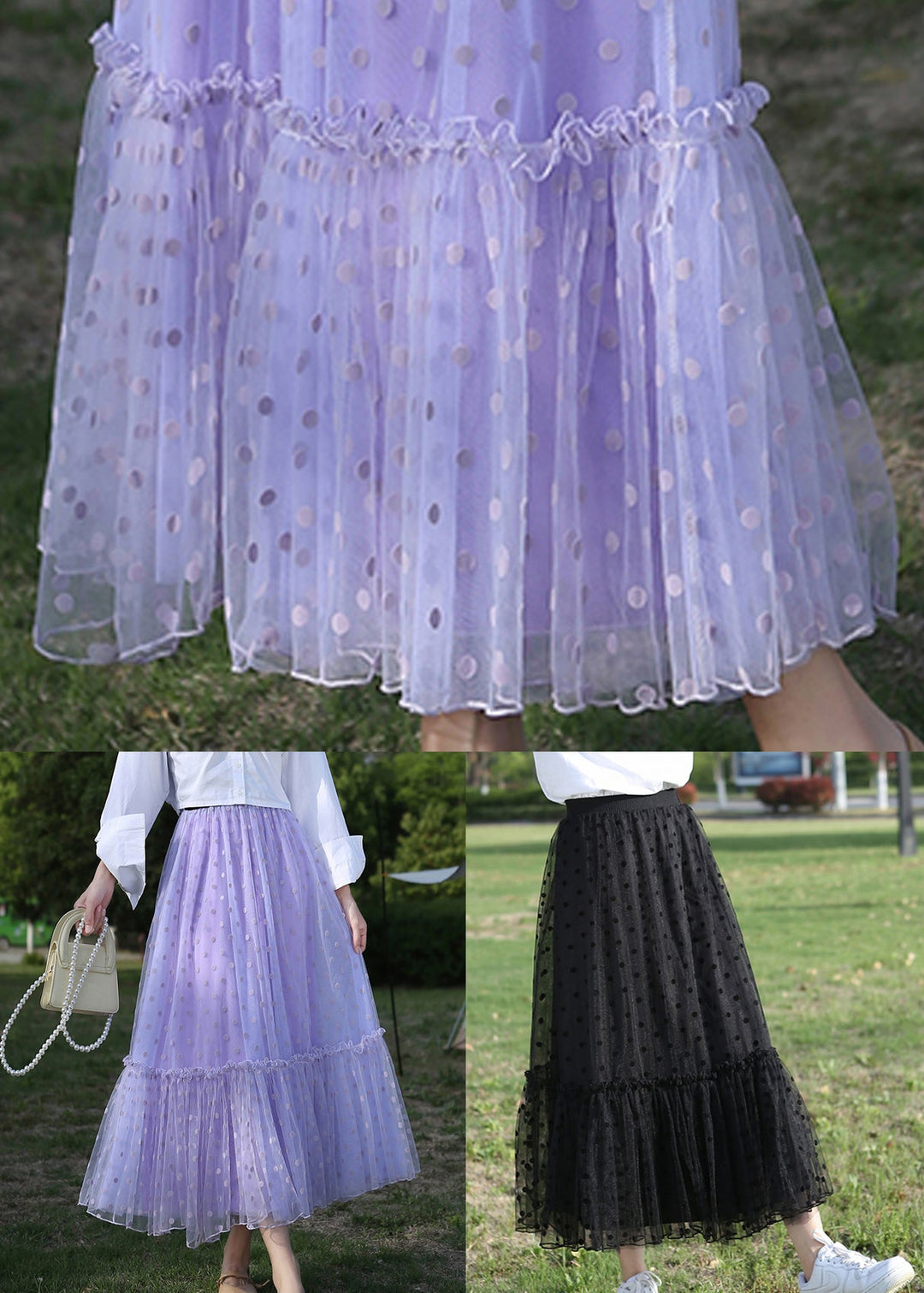 Black Dot Ruffled Tulle Skirt Elastic Waist Summer