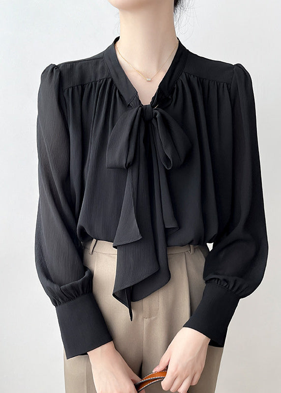 Black Draping Chiffon Shirt Top Bow Spring