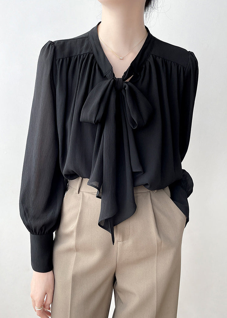 Black Draping Chiffon Shirt Top Bow Spring
