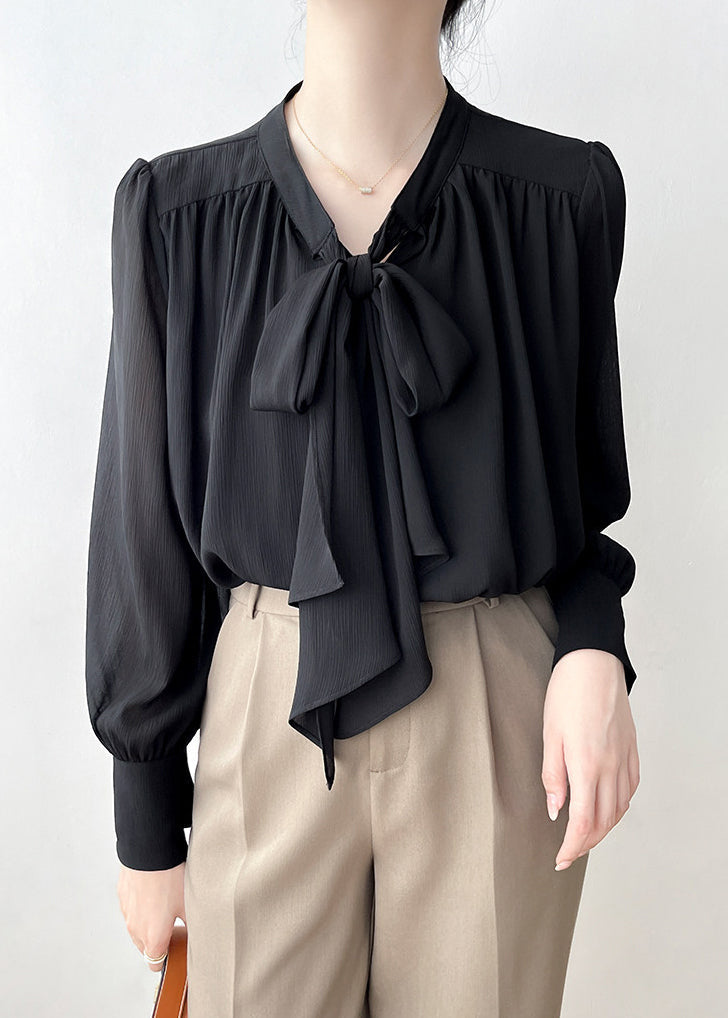 Black Draping Chiffon Shirt Top Bow Spring