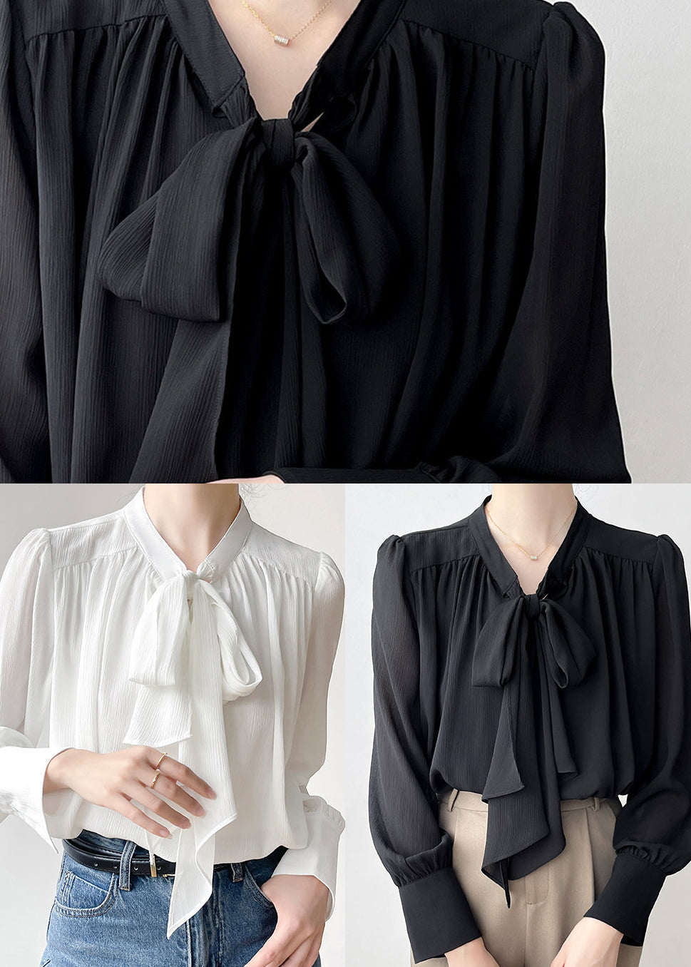 Black Draping Chiffon Shirt Top Bow Spring
