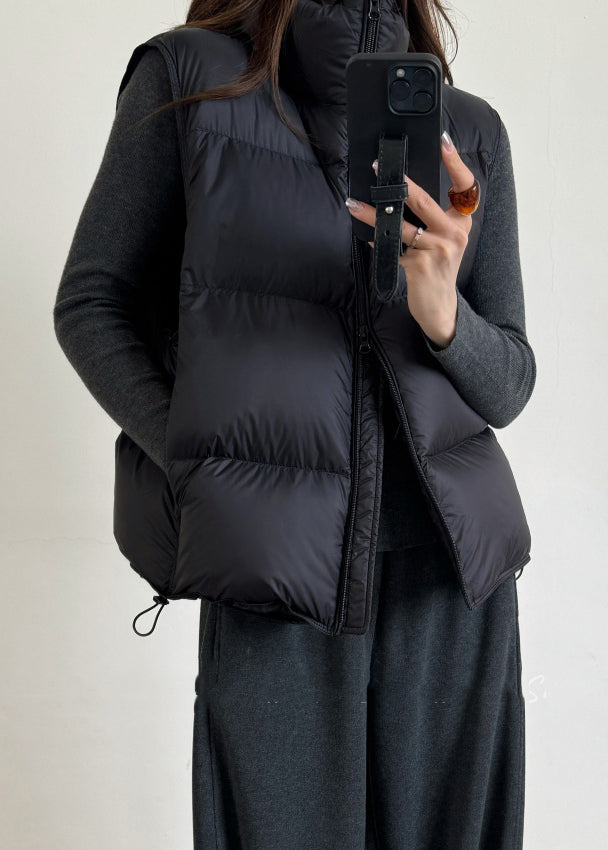 Black Drawstring Solid Duck Down Winter Waistcoat Zip Up
