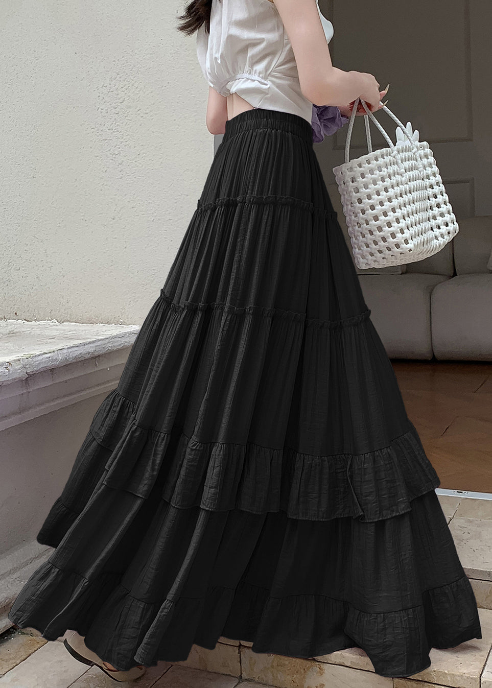 Black Elastic Waist Cotton Exra Large Hem Skirts Wrinkled