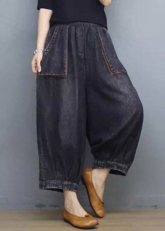 Black Elastic Waist Crop Wide Leg Jeans