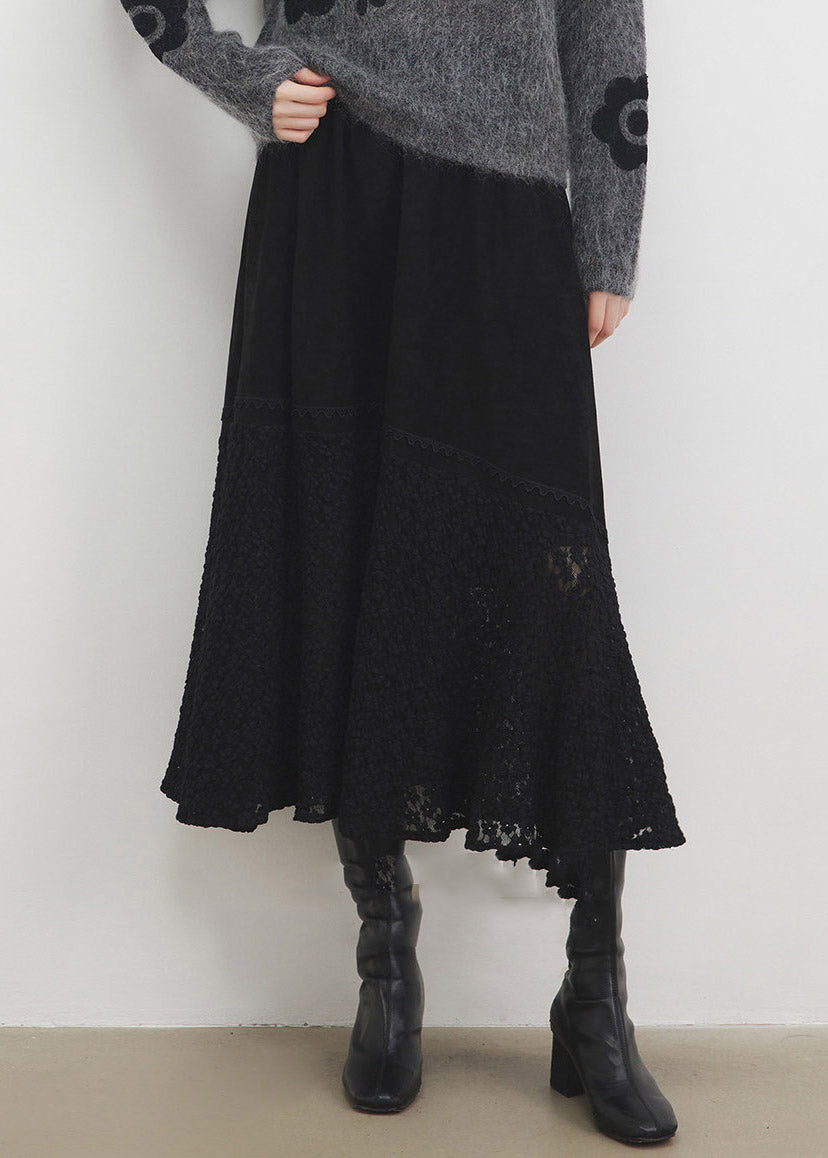 Black Elastic Waist Faux Suede Maxi Skirts